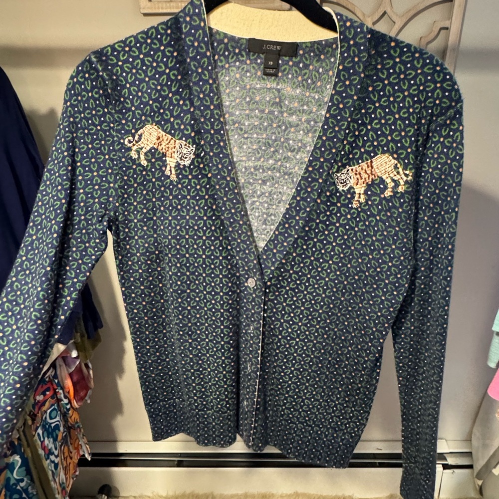 J Crew Mens-y Cardigan Sweater with Tiger Patch Navy G7739 Size S